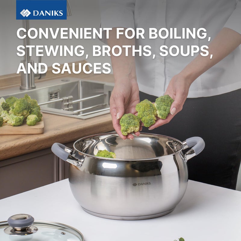 Daniks Modern 4 Quart Stainless Steel Stock Pot with Glass Lid, Tri-Ply Bottom for Even Heating, Induction Compatible, Dishwasher Safe, Heatproof Handles - Image 5